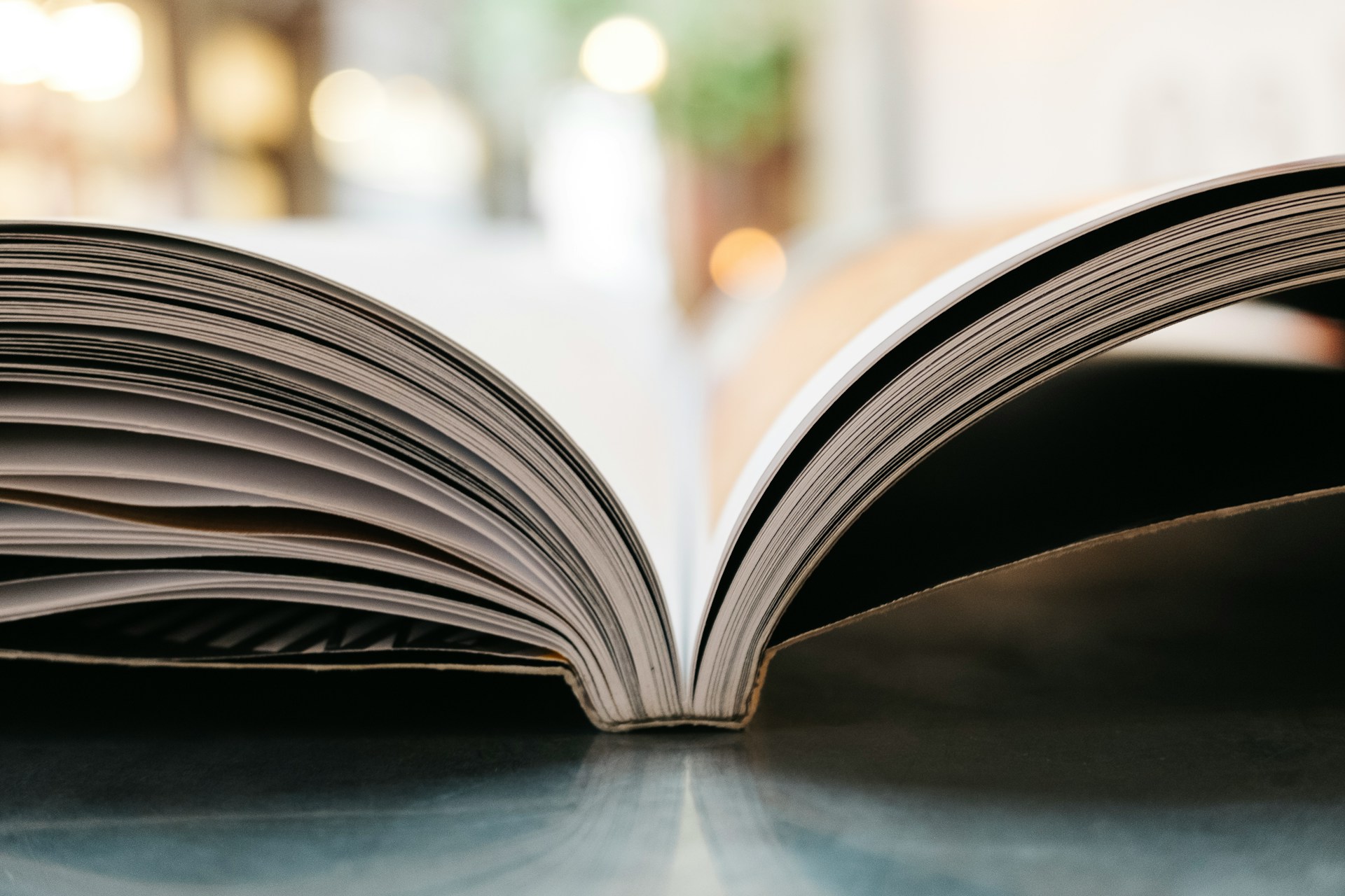 Open book lying flat on a table, pages fanned out, with blurred background and bokeh lights visible.